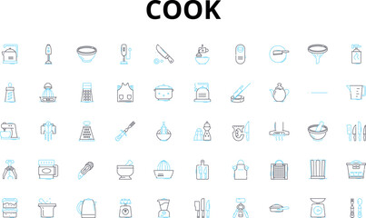 Cook linear icons set. Saute, Grill, Bake, Simmer, Fry, Roast, Stir-fry vector symbols and line concept signs. Charbroil,Poach,Broil illustration