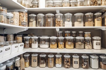 organized pantry with labeled jars and bins for easy access, created with generative ai