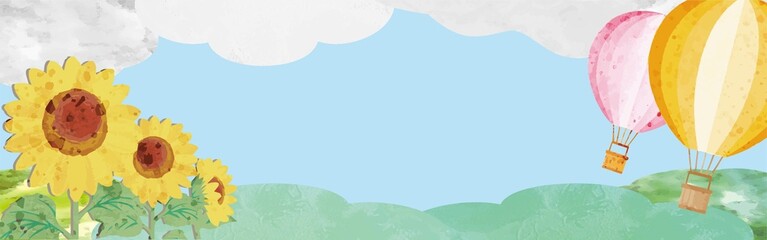 バナー　気球と空のフレーム　夏　ひまわり　水彩　手描き　コピースペース　背景　イラスト素材