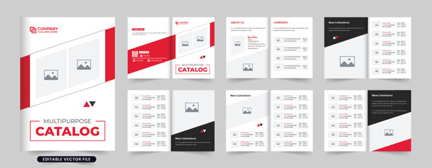 Multipurpose product catalog and business promotional magazine template with photo placeholders. Product sale booklet design for marketing. Product Catalog brochure vector with red and dark colors. - obrazy, fototapety, plakaty