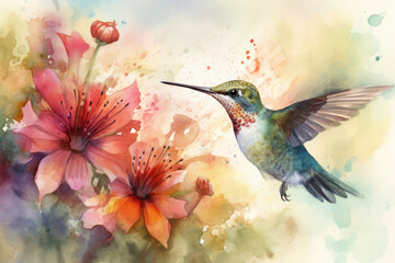 Create a whimsical and playful watercolor scene of a hummingbird enjoying a flower in a dreamy and surreal landscape