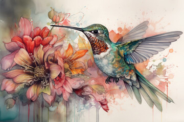 Illustrate a detailed watercolor painting of a hummingbird feeding on a colorful and intricate flower, with a focus on capturing the delicate beauty of these creatures