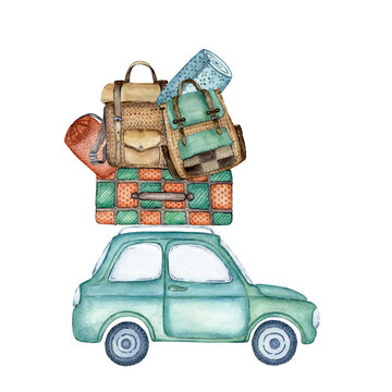 Cute blue old car for a little trip through the countryside. The car is loaded with luggage for the trip. Suitcase, backpacks, travel mat and tent. Watercolor illustration