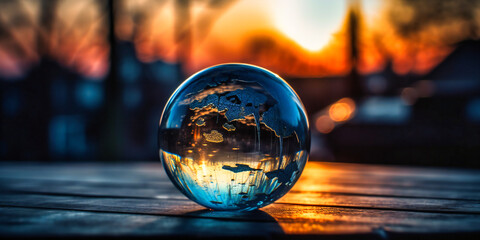 earth globe at sunset on wooden background