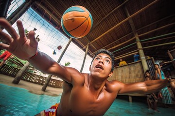A Man Is Playing Basketball In A Pool With Other People Watching Basketball Court Sports Photography Sports Photography Generative AI