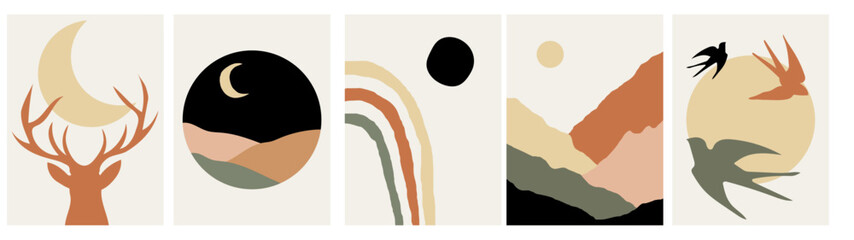 collection of modern simple minimalistic posters of abstractions: silhouettes of a deer and flying birds with geometric shapes and landscapes (sun, moon, mountains) on a color background