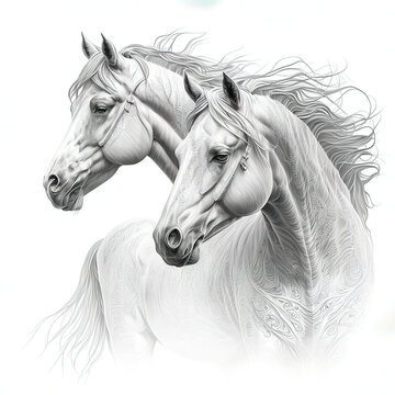Couple of beautiful white horses isolated on white background. Generative AI. High quality photo