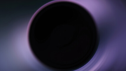 Blur light. Round frame. Neon glow. Digital swirl. Black hole sphere in defocused purple color gradient empty space abstract illustration background.