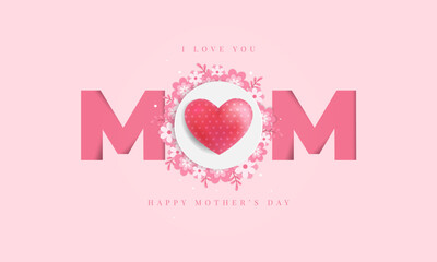 Happy mother's day background with realistic heart balloon and decoration flower for social media. Women’s day celebration banner or web post. Greeting card with 3d spring love art for mother or woman