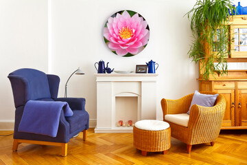 Extraordinary home decoration concept: colorful but cozy living room with custom-made round flower photo printed on canvas, wood, hardboard or metal.