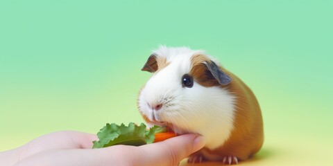 Guinea pig being hand-fed a piece of fresh vegetable, highlighting the joy of nurturing small pets, concept of Pet ownership benefits, created with Generative AI technology