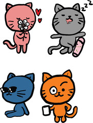 4 minimalist cat cartoons in various actions
