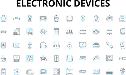 Electronic devices linear icons set. Smartph, Tablet, Laptop, Desktop, Smartwatch, Headphs, Speakers vector symbols and line concept signs. Camera,Dr,Gaming illustration