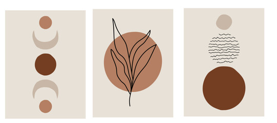 collection of modern simple minimalist abstraction posters in boho style: linear silhouette of plants, geometric shapes and moon on a colored background