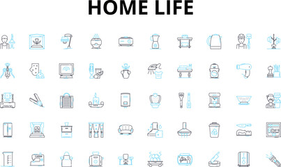 Home life linear icons set. Comfort, Cozy, Family, Love, Memories, Laughter, Warmth vector symbols and line concept signs. Sanctuary,Relaxation,Routine illustration