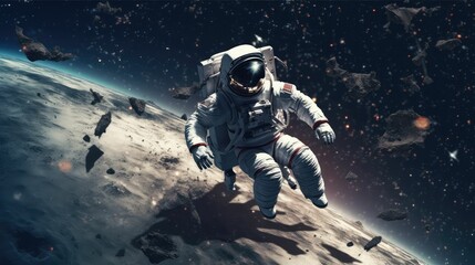 Obraz na płótnie Canvas 3D realistic, an astronaut in a spacesuit flies in space against the background of the planet.. Created with generative AI