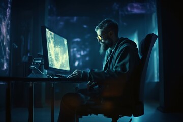 A Man Sitting At A Desk With A Computer In His Lap Workshop Graphic Design Cybersecurity Generative AI