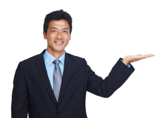 Asian businessman, isolated portrait or hand in finance investment, loan or insurance deal. Smile, corporate CEO or happy worker showing marketing, logo or advertising on transparent png background
