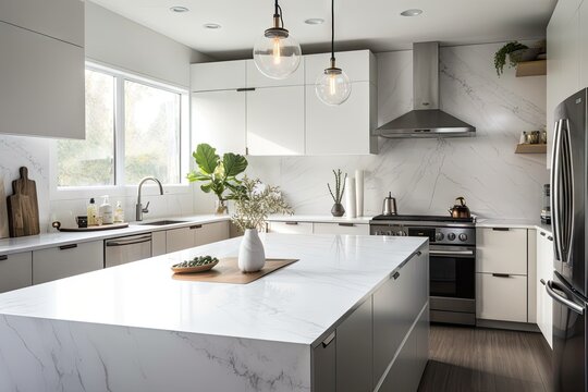modern white kitchen with stainless steel appliances, sleek lighting and marble countertops, created with generative ai