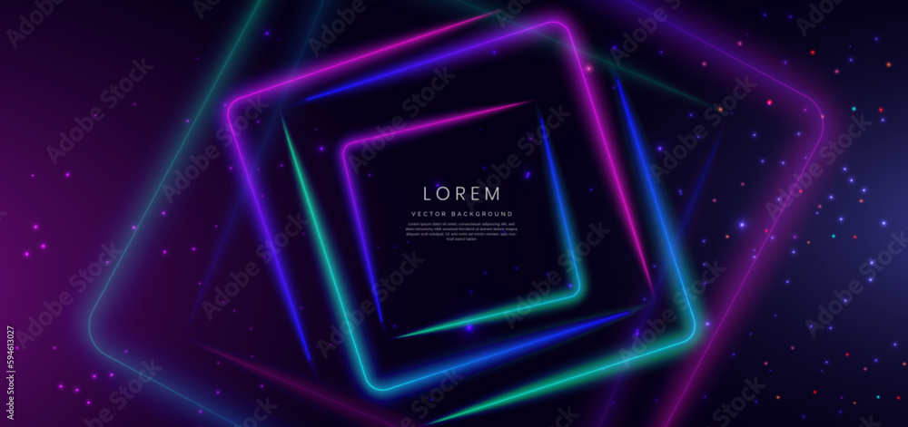 Poster abstract technology futuristic neon color square lines background with dot lighting effect.