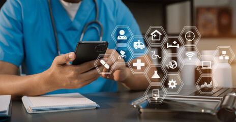 Doctor work on digital smartphone healthcare, doctor technology smartphone using computer in a modern office  in the morning at the desk.