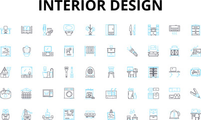 Interior design linear icons set. Aesthetics, Architecture, Color, Comfort, Contrast, Creativity, Decor vector symbols and line concept signs. Design,Elegance,Ergonomic illustration