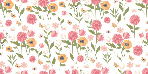 Seamless botanical pattern with asters and garden flowers. Great for printing on fabric and paper.