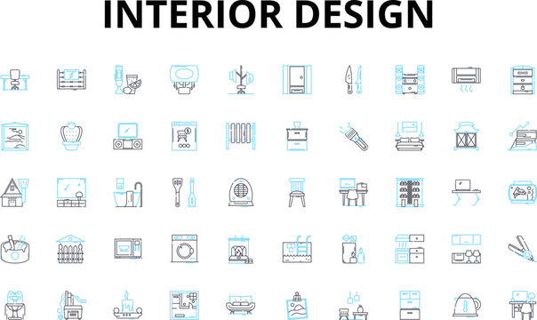 Interior design linear icons set. Aesthetics, Architecture, Color, Comfort, Contrast, Creativity, Decor vector symbols and line concept signs. Design,Elegance,Ergonomic illustration