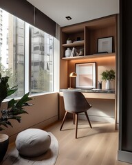Fototapeta na wymiar A Home Office With A Desk And A Chair In Front Of A Window Bedroom Minimalism Interior Design Generative AI