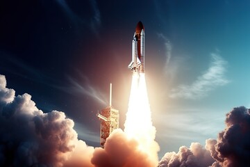Liftoff of the space rocket with shuttle. Photorealistic ai generated illustration