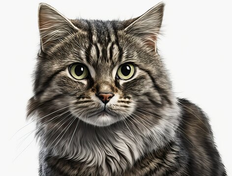 Lovely fluffy cat with beautiful big green eyes on a white background. Free space for text. Generative AI