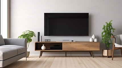 Interior mock up living room. cabinet for TV or place object in modern living room with lamp,table,flower and plant. AI Generative.