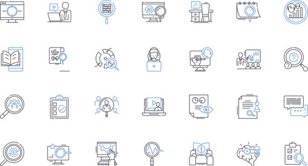 Scrutiny line icons collection. Examination, Analysis, Inspection, Investigation, Inquiry, Audit, Study vector and linear illustration. Assessment,Criticality,Observation outline signs set
