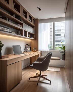 A Modern Home Office With A Desk And A Laptop Computer On A Chair Law Office Minimalism Interior Design Generative AI
