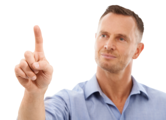 Business man, face and finger touch, point and virtual screen on abstract technology. Digital press, scroll and ui, user experience and future tech of person isolated on a transparent png background.
