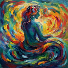 Fototapeta na wymiar A contemporary oil painting portraying a tranquil figure in deep meditation, surrounded by swirling waves of psychic energy that emanate from their mind. - Generative AI