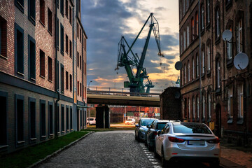 Shipyard area of Gdansk city at sunset. Poland