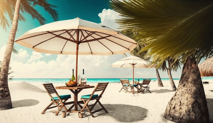 Fototapeta na wymiar Summer beach by the sea,beach chair and umbrella, summer vacation concept. Generative Ai.