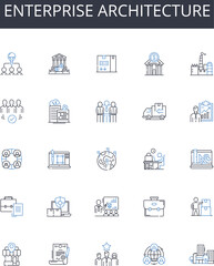 Enterprise architecture line icons collection. Business structure, Corporate blueprint, System analysis, Technical design, Strategic planning, Information management, Solution framework vector and