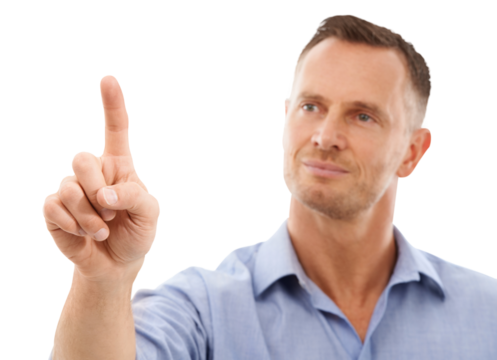 Business man, face and finger touch, point and virtual screen on abstract technology. Digital press, scroll and ui, user experience and future tech of person isolated on a transparent png background.