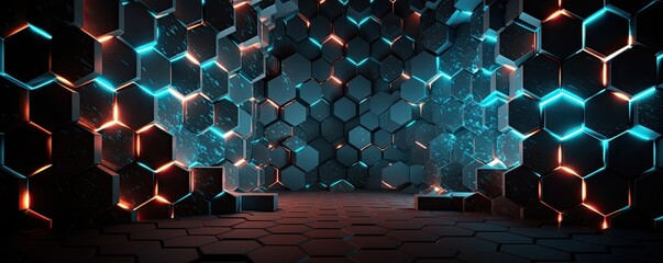 Obraz premium Futuristic Sci Fi Dark Empty Room With Blue Neon Glowing lights, Concrete Hexagon Shaped Floor With Reflections 3D Rendering - generative ai