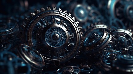 Abstract gear wheels in dark blue. Engineering or mechanical technology concept. Generative AI.