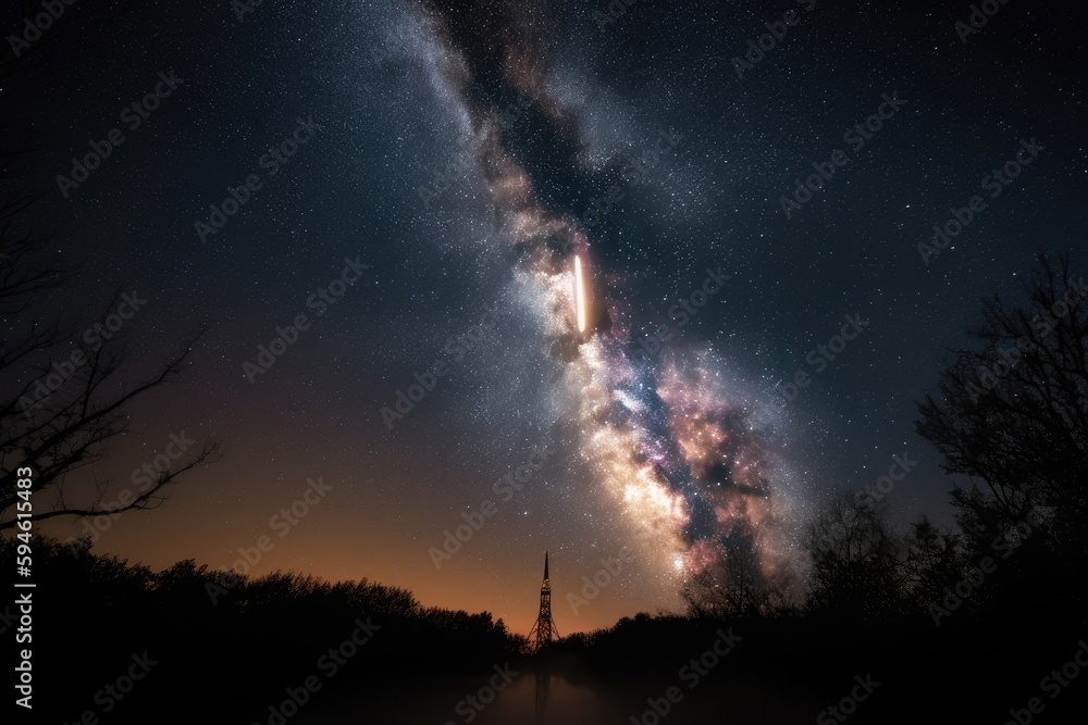 Sticker rocket launch with view of the stars and galaxies in the background, created with generative ai