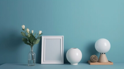 Decorate a modern room with mock-up frames and flower vases. Generative AI.