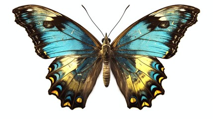 A beautiful blue-yellow-green butterfly, isolated on a white background, closeup. Generative AI.