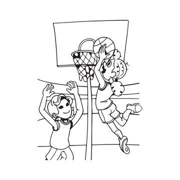 Boys and girls playing a basketball game. vector Artwork