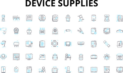 Device supplies linear icons set. Adapters, Batteries, Cables, Chargers, Docks, Earphs, Flashlights vector symbols and line concept signs. Gloves,Headphs,Hubs illustration