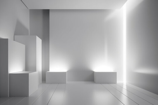 Blank white product backdrop, pedestal podium studio scene backdrop, basic modern design. generative AI © mualtry