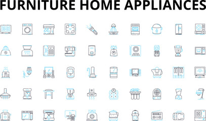 Furniture home appliances linear icons set. Sofa, Chair, Table, Bed, Dresser, Desk, Bookcase vector symbols and line concept signs. Ottoman,Recliner,Mattress illustration