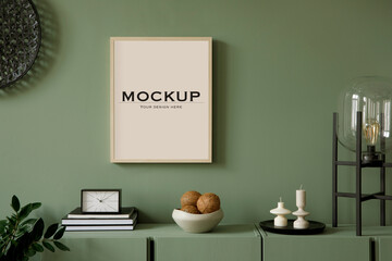Stylish composition of modern living room interior. Mock up poster frame, wooden eucalyptus commode...